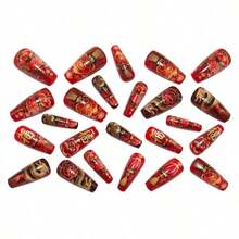 24PCS Ballet-Style Press On Nails - Lunar New Year Themed With Golden Dragon Soaring Pattern, 3D Red Lanterns, Gold Ingots & Floral Decor. Full Cover Glitter Gold Foil Nail Tips, Reusable & Beginner-Friendly To Apply (Comes With Jelly Glue & Nail File). Festive Lucky Nail Art With Good Symbolism, Perfect For Women's Holiday Parties, Daily Matching & New Year Gatherings. - Đỏ - Xem 4