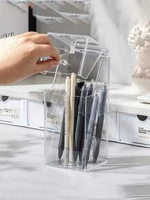 1pc Dust Cover Makeup Brush Holder, Acrylic Makeup Brush, Lipstick, Eyebrow Pencil Storage Box, Multi-Functional Cosmetic Organizer And Cup, Desktop Makeup Brush, Lipstick, Eyebrow Pencil Storage Bucket, Vanity Organizer Box, Creative Makeup Brush Storage Bucket, Lipstick, Eyebrow Pencil, Stationery And Pen, Ideal Desktop Decor Cosmetic Bathroom Vanity Dust-Proof Storage Box, Gift For Women, Christmas Gift, New Year Gift - Transparent - View 12