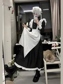 中性の風格の男のメイドの服-フリルの長い款のエプロン、甘いクールな風の黒のタートルネックのシャツとレースのエプロン机は洗濯することができて、適して、テーマのパーティー、アニメの展示会に着て着て、エプロン、精致の裁縫、構造は設計を製造して、男のメイドの服の大きいサイズのコスプレ女装男のカフェの実体の店の招待員の制服です - ブラック&ホワイト - チェックする 3