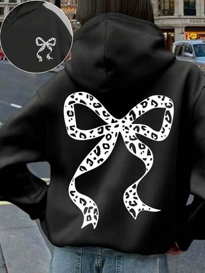 Tween Girl Long Sleeve Hooded Sweatshirt With "Bow Tie" Print Pattern, Providing A Comfortable, Fashionable, And Casual Autumn And Winter For School, Shopping, Streetwear And Vacation Wear.Suitable For Daily Wear