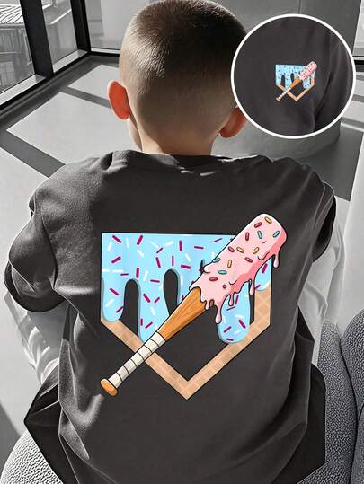 Young Boy Baseball Bat Print Round Neck Short Sleeve Casual T-Shirt