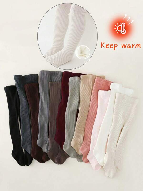 1/2/3 Pairs Baby/Toddler Thin Fleece Tights, Solid Color Vertical Stripe Simple Versatile Leggings, Soft Skin-Friendly Warm Pants For Autumn/Winter Daily Wear, School, Outdoor Activities, Assorted Colors