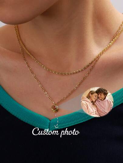 Customized Projection Photo Necklace, Stainless Steel Heart-Shaped Projection Multi-Layer Stackable Necklace, Round Wave Chain Pendant Necklace Set, Picture Projection Jewelry, Gift For Lover, Family, Wife, Husband, Anniversary, Valentine's Day, Mother's Day, Birthday, Graduation, Daily Wear, Wedding, Party, Personalized Jewelry, Christmas Gift
