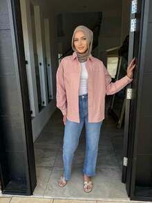 Camicia casual da ufficio con bottoni anteriori e spalle scoperte, maniche lunghe, colore unito, per donna. Camicia in poliestere con colletto alla coreana, maniche lunghe, design con bottoni anteriori, vestibilità regular, stile arabo, primavera/autunno. - Rosa - Visualizzare 4