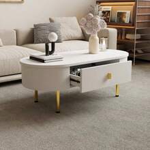 Couchtisch Mit Zwei Schubladen, Goldenen Griffen Und Beinen, Gebogenen Ecken - White + Medium Density Fiberboard - View 4