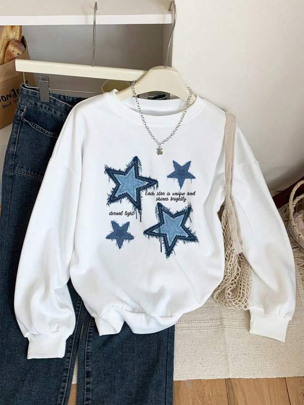 LOVE JOYY Plus Size Casual Minimalist Blue Star Patch Print White Plus Size Loose Long Sleeve Sweatshirt For Women, Suitable For Autumn & Winter,Ladies Spring/Fall Casual Long Sleeve Round Neck Plus Size Regular White Drop Shoulder Pullovers Women Hoodies,Long Sleeve Tops Autumn And Winter