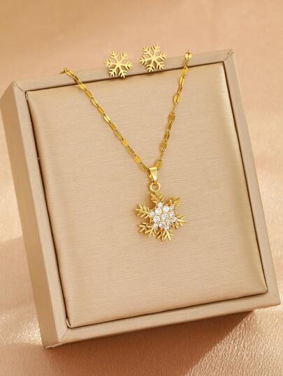 2pcs/Set Elegant And Sophisticated Minimalist Petite Luxurious Stainless Steel Gold Snow Earrings Stud Earrings With Zirconia Pendant Necklace For Girls Children Students Holiday Gifts Christmas Souvenirs