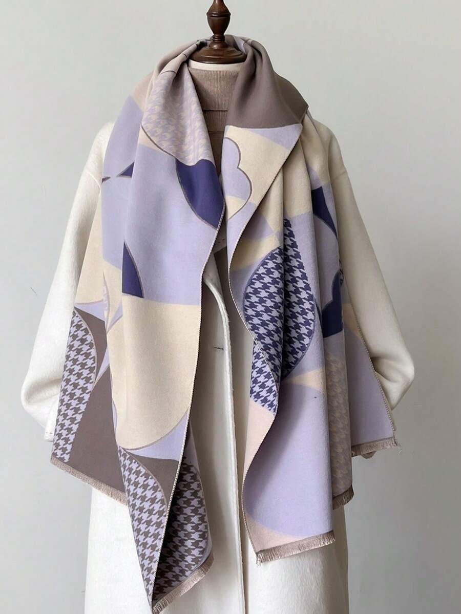 1 件优雅三叶草提花设计仿羊绒保暖围巾，适合女士，适合空调房间，时尚百搭的秋冬颈部保暖 - 彩色 - 查看 1