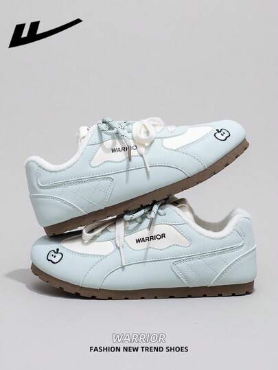  1 par de Zapatos casuales de suela gruesa con cordones para mujer WARRIOR, zapatos planos de exterior de puntera redonda con tacón bajo antideslizante de unicolor elegante y suela blanda, adecuados para estudiantes, fotos de graduación, zapatos planos, zapatillas de cuero de caña baja