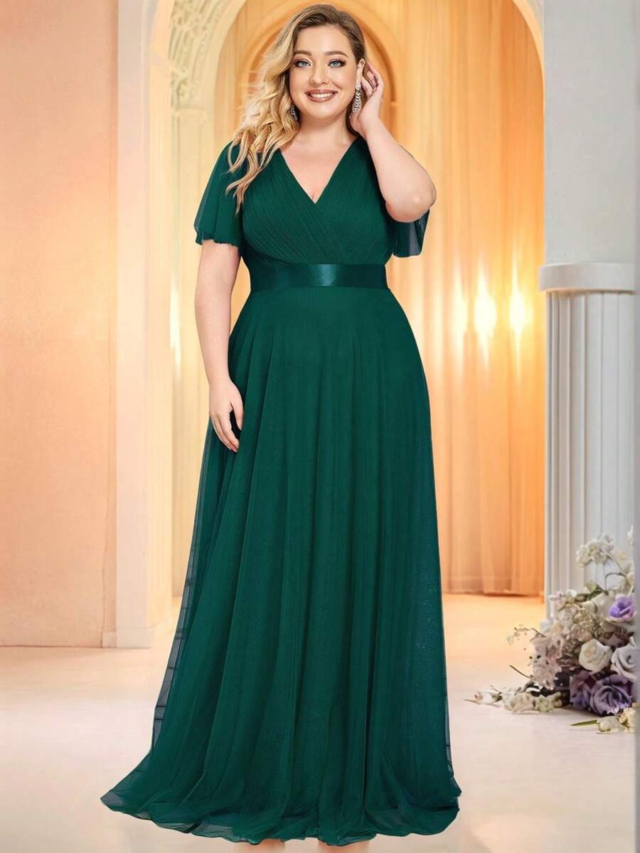 EVERPRETTY Plus Size High Waist Deep Green Bridesmaid Dress With Ruched Bust Design, Suitable For Wedding Guests, Parties And Vacations In Autumn/Winter