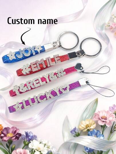 1pc Customized Rhinestone Letter Keychain/Phone Charm, Available In Various Colorful Glitter Leather Options, Suitable As Gift For Family, Friends, Colleagues, Partners, Perfect For Birthday, Car Accessories, Bag Decor, Campus Fashion, Gothic Style