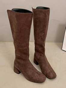 2025秋冬法式修身真皮高筒过膝长靴（女款） - 棕色 - 查看 3