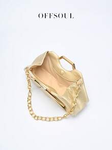 Vintage Asymmetrical Ruffle Cloud Clutch Bag, Unique Metal Hardware Handbag, High-End Retro Party Evening Bag - Gold - View 6
