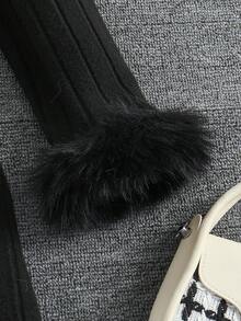 Girls Elegant Fashion Fuzzy Splice Cuff Design Brushed Ribbed Fabric Fitted Long Sleeve Dress, Outdoor Party, Autumn/Winter, Machine Washable - Black - View 4