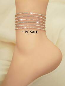1pc Rhinestone Ultra Thin Anklet, Colorful Shiny Elastic Chic Beach/Party Accessory - Gold - View 5