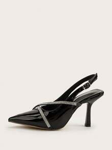 Sapatos de Salto Alto Femininos com Bico Fino, Decoração de Strass Preto Brilhante, Versátil para Uso Diário, Banquete, Festa - Preto - Visão 4