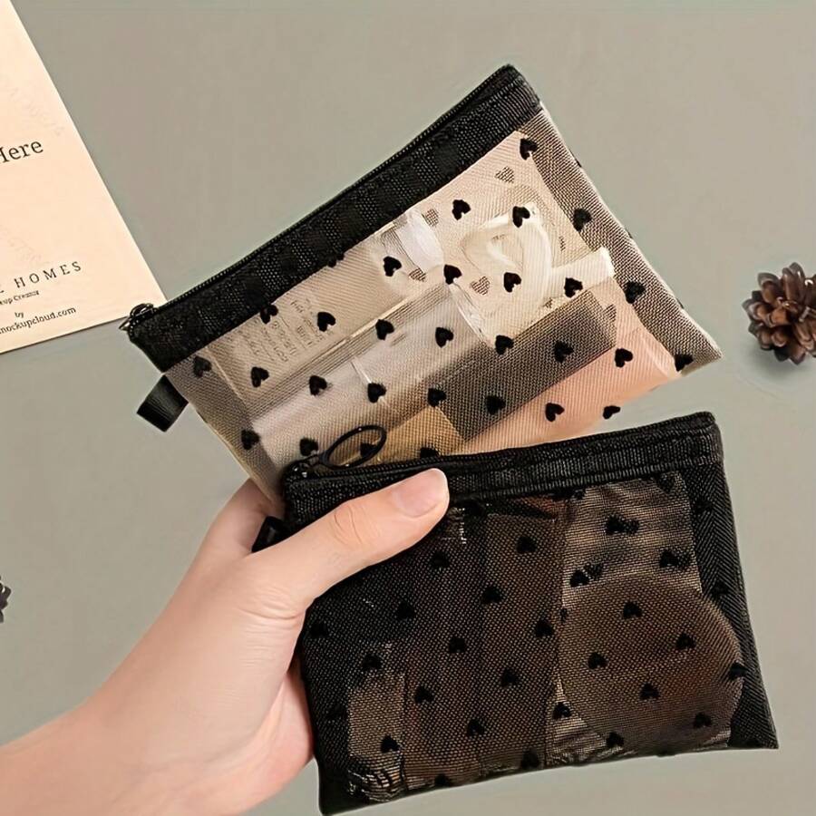 Beige And Black Storage Bag Set, Heart-Shaped Design, Transparent Viewable, Portable Storage Bags, Suitable Storing Lipsticks And Other Small Items - Black - View 1
