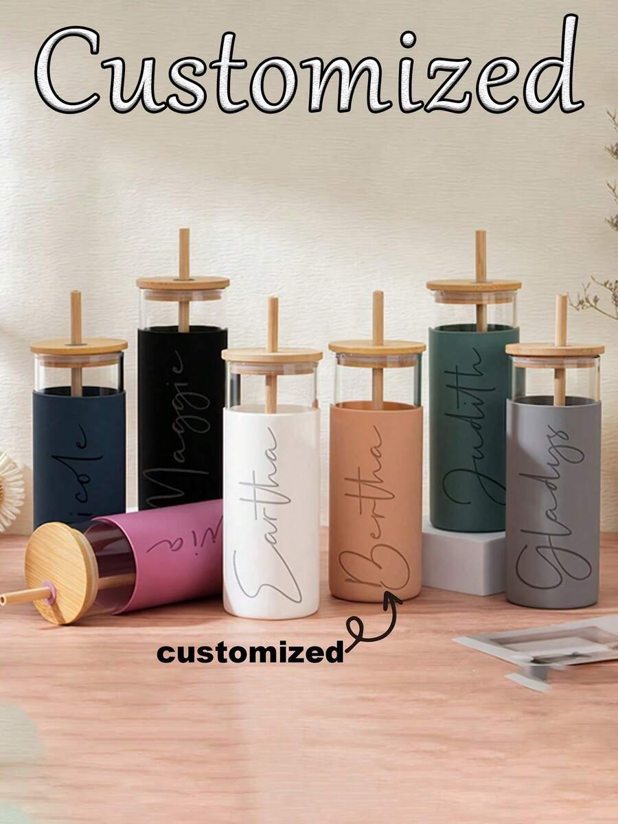 1pc Customized Glass Straw Cup, Personalized Bridesmaid Water Bottle, Customized Glass & Silicone Cup, Bachelorette Party Gift, Bridesmaid Invitation - Multicolor - View 1