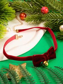 1pc Velour Bow Small Bell Neck For Christmas Ladies Necklace, A Must-Have Accessory For Holiday Parties - Red - View 3