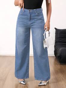Women's Mid Rise Vintage Wide Leg Denim Jeans - Non-Stretchy Elegant For Home Leisure - Light Wash - View 6