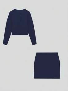 Elegant Women's Chic Knit Cardigan Set, Versatile Autumn & Winter Solid Color Long Sleeve Sweater & Skirt Two Pieces For Casual Wear,Suitable For Christmas, Thanksgiving, And New Year