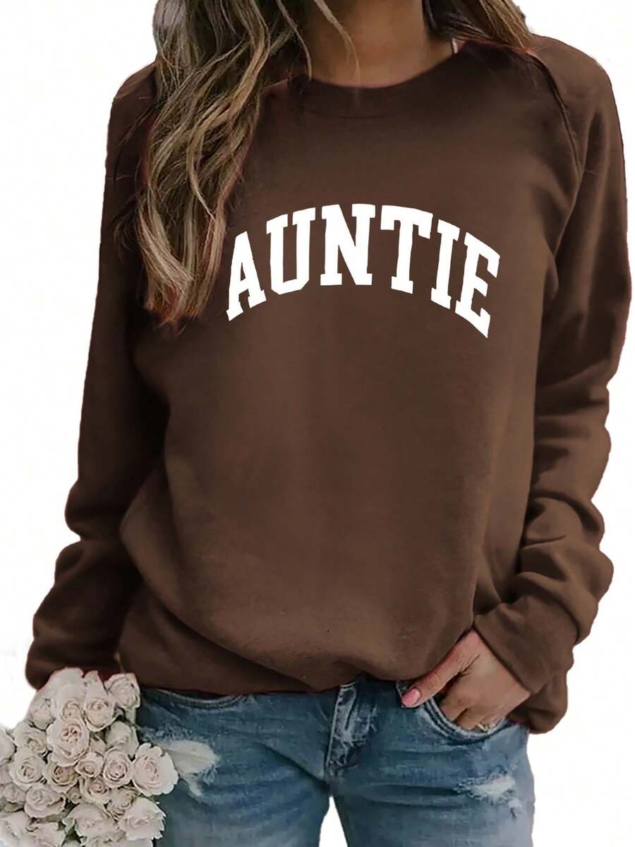 2026 New Year Outfit Women Plus Size 'AUNTIE' Letter Print Sweatshirt - Soft Machine Washable Polyester Fiber Crew Neck Pullover, Autumn Winter Casual Comfortable Fashion Design, Cute Loose Top, Daily Wear, Comfortable Fabric, Casual Style Loose And Comfortable Winter Clothes For Women - 咖啡色 - 查看 1