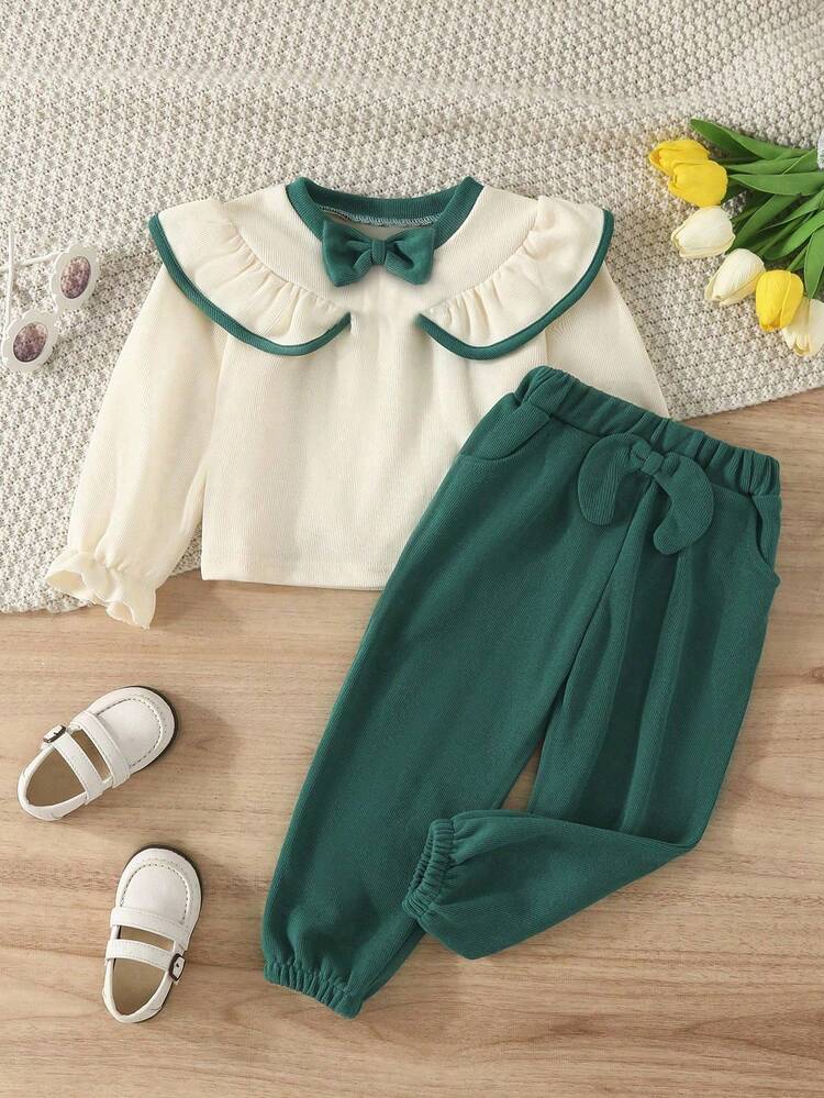 2pcs/Set Young Girls Casual Contrast Color Ruffle Bow Decor Top And Pants Set, Autumn/Winter - Green - View 1