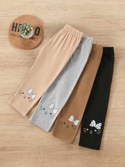 4pcs Girls' Summer Capri Pants - Soft, Stretchy, Breathable Leggings With Elastic Waistband And Kitten Bow Print, Apricot/Coffee/Gray/Black, Suitable For Casual Play Or Outdoor Activities