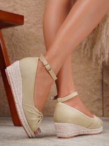 Women's Fashion Linen Rope Wedge Sandals, Breathable Casual Vacation Shoes - Beige - View 4