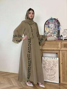 2pcs/Set Fashionable Feather Embroidered Abaya Robe, Casual For Party And Gathering, Elegant Long Robe With Headscarf - Brown - View 3