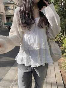 女士短款针织开衫披肩外套 - 杏色 - 查看 5