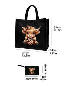 高地牛印花黑色亚麻手提包，可爱蝴蝶结爱心豹纹设计，高地牛图案，大容量化妆包，带提手，圣诞礼物，黑色亚麻零钱包，黑色格子购物袋，化妆包，饰有艺术字母和图案印花，适合女性日常使用，可用作便捷购物袋。教师节感谢礼物，女士大容量亚麻手提包，手提包和化妆包套装 - 彩色 - 查看 10