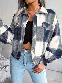 Plus Size Women's Plaid Print Button Jacket - Blue - View 4