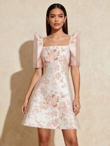 Amyenjoylife Modern Filipino Traditional Dress, Elegant Butterfly Sleeve Filipino Traditional Dress, Women's Romantic Jacquard Puff Sleeve Short Sleeve Dress, Pink Dress - Pink - View 1