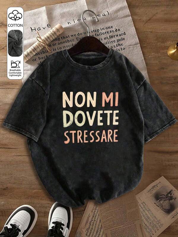 Camiseta de mujer de cuello redondo elegante con mangas cortas - Con el llamativo texto italiano "Non Mi Dovete Stressare", ropa casual de primavera/verano para mujer, camiseta vintage desgastada, top casual de cuello redondo y mangas cortas, ropa de primavera/verano, camiseta vintage desgastada, ropa de mujer