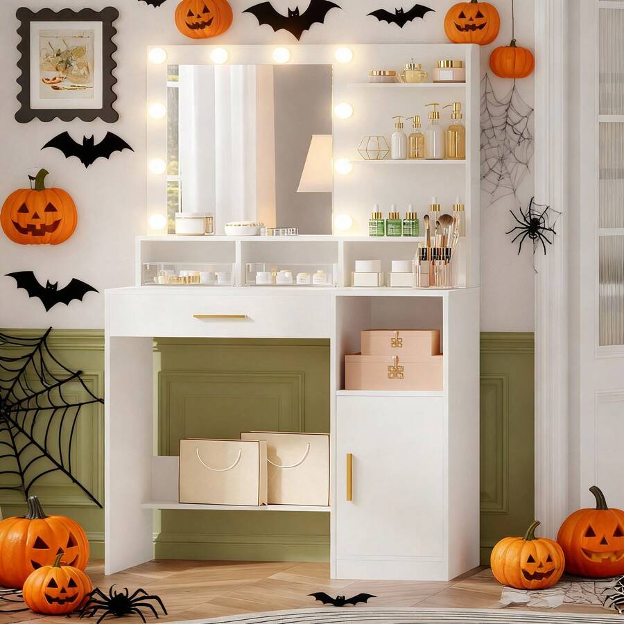 Hzuaneri Dressing Table With Mirror And 10 LED Lights, Makeup Vanity With 3 Shelves & 4 Open Compartments, Large Drawer & Cabinet, Adjustable Lighting Brightness