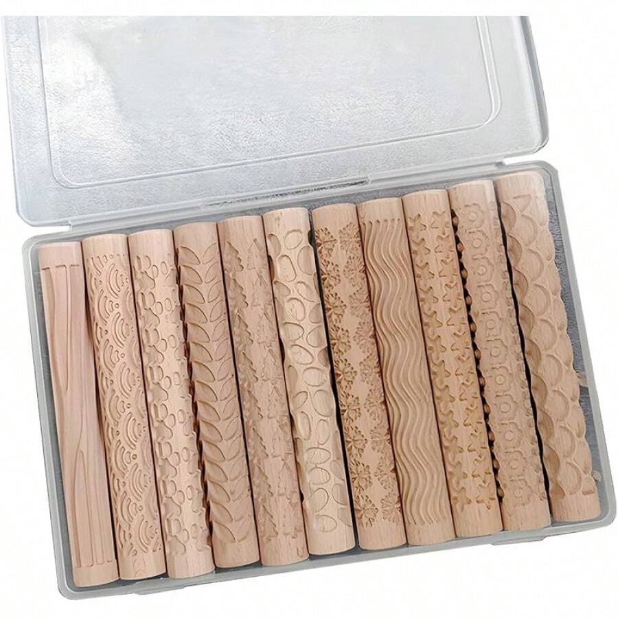 JOJOCY Clay Rollers Textured, Wooden Hand Rollers Clay Modeling Pattern Rollers Kit Foliage Barks Ripples Stars Pebbles Swflake Ceramic DIY Tools Pottery Stamp Roller For Pasta (Set 2) - 第 3 組 - 查看 1