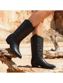 Lurnyet Cowboy Boots For Women Cowgirl Western Boots Fashion Embroidery Stitched Chunky Heel Mid Calf Boots WACOW-2 - màu đen - Xem 2