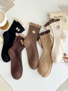 5 Pairs Butterfly Lace Trim Mid-Calf Socks For Women, Fashionable & Versatile - Multicolor - View 2