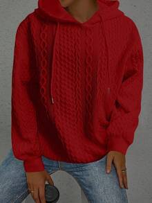 Oversized Women's Casual Loose Knit Jacquard Long Sleeve Pullover Sweatshirt - Red - View 4