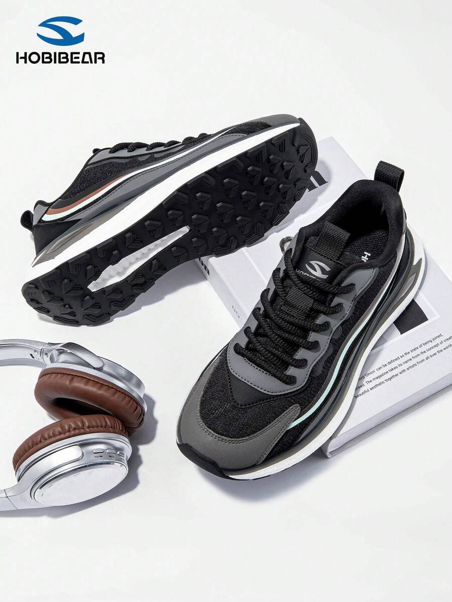 HOBIBEAR (Order 1 Size Up For Wide Feet) 1 Pair High-Quality Women's Running Shoes/Men's Sneakers, Comfortable, Lightweight, Durable Rubber Outsole, Soft Leather Upper, Cushioned Sole, Suitable For Outdoor, Hiking, Walking - Black and Gray - View 1