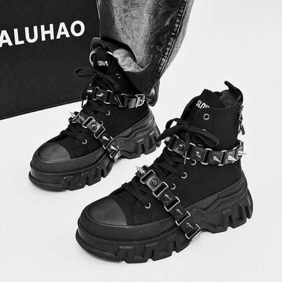 SLnU3 3pcs Men's Fashionable Thick Sole Elevated Motorcycle Boots, Punk Street Preppy Casual Style, Personalized Accessories Decoration, Interchangeable, Metal Eyelets Lace-Up Side Zipper, Simple Design Suitable For Outdoor All Seasons Versatile