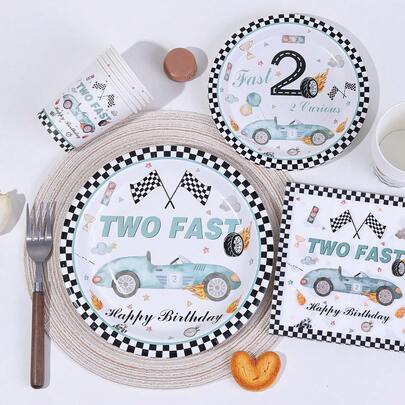 10/20/50pcs,Blue Race Car 2nd Birthday Party Supplies - Birthday Decorations Tableware, Two Fast 7inch And 9inch Paper Plates, Napkins And 9oz Cups,Race Car Checkered Flags Racing Wheel Disposable Plates,Napkins,Cups Party Supplies For Two-Year-Old