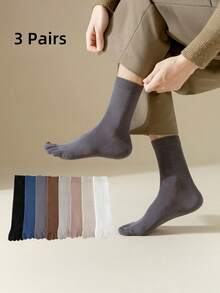 3 Pairs Men's Toe Socks, Regular Business Casual Mid-Calf Five Finger Socks, Solid Color, Comfortable, Anti-Odor, Suitable For All Seasons