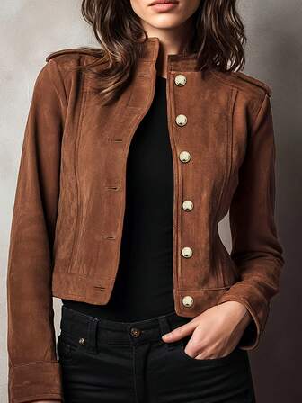 女士时尚休闲立领长袖单排扣简约纯色外套