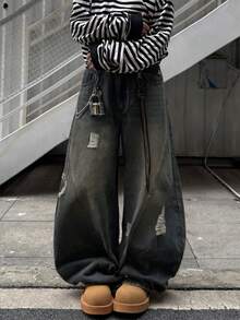 1件男士日系破洞拼接阔腿牛仔裤，复古做旧休闲宽松牛仔裤（不含腰带和配饰） - 藍色 - 查看 5