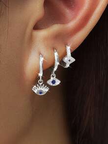 3pcs Set Exquisite New Gold Evil Eye Single Earring, 18K Gold Plated Stainless Steel Material, Small Punk Style Earring, Piercing Jewelry - 3pcs for One Ear - View 3
