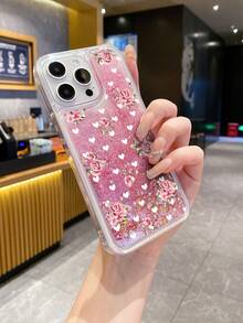 1个透明TPU+PC软硬复合材质粉色流沙花朵元素压花图案防摔手机壳，时尚百搭创意全包手机壳，适合作为礼物送给女朋友、闺蜜、妻子、情侣、家人、老板、同学、老师、同事，生日、节日等场合。 - 彩色 - 查看 3
