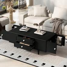 Holiday Coffee Table – 47" Modern Wood Table With Tempered Glass, Fluted Style & Drawers, Ideal For Christmas Living Room - Đen + MDF - Xem 2