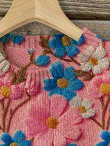 Autumn/Winter New Floral Romantic Print Crew Neck Long Sleeve Knit Sweater Top - Multicolor - View 3